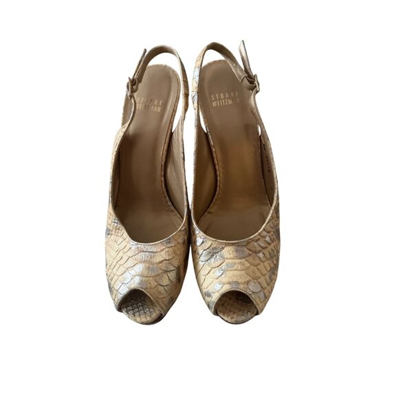 STUART WEITZMAN Beige Metallic Leather Slingback Heels Size 8 - Picture 2 of 10